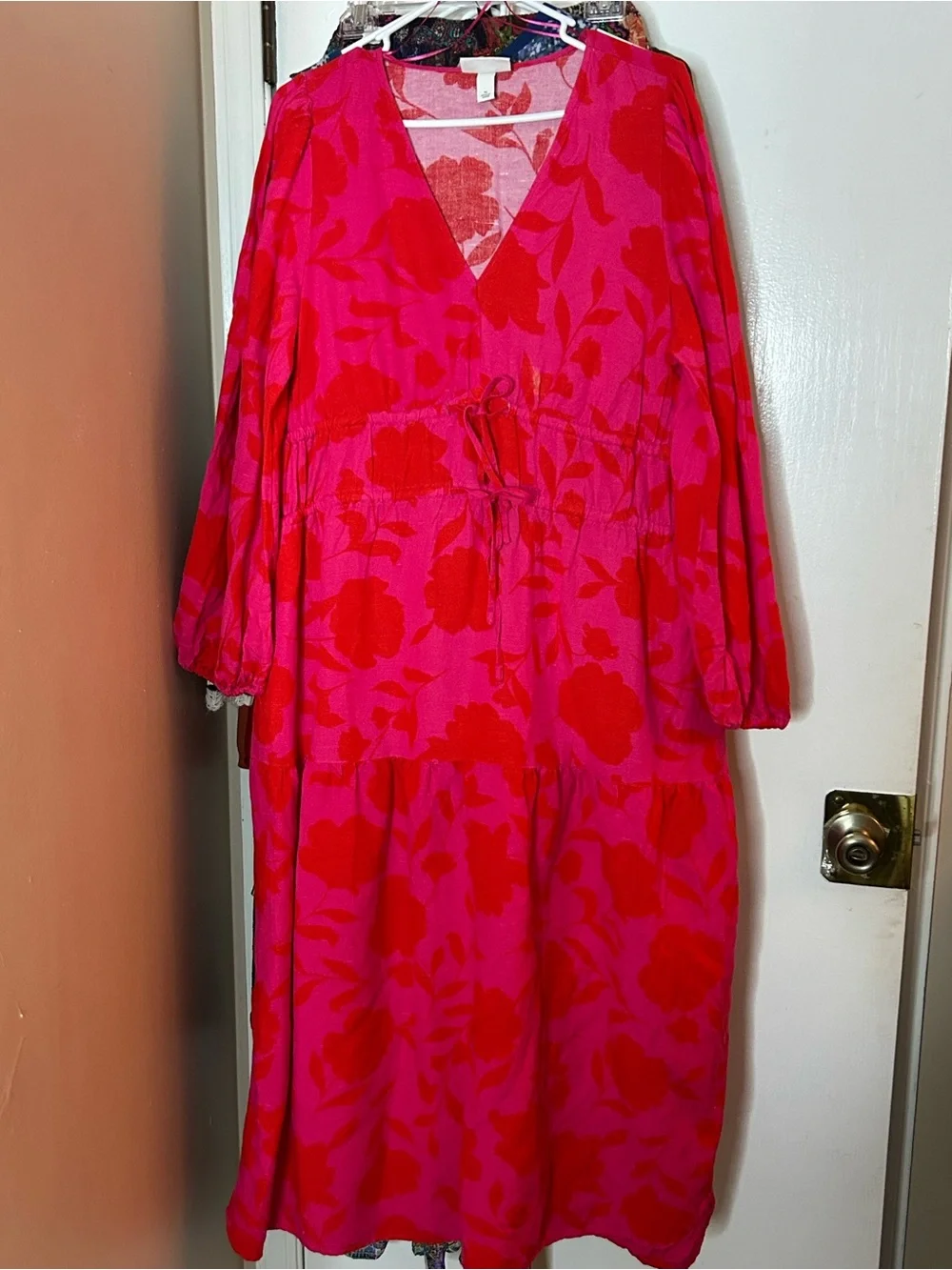 kate Spade x Target Classic Rose Linen Long Sleeve Maxi Dress Pink/Red Sz XL.